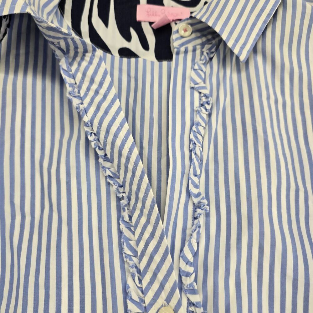 Lilly Pulitzer Women's Blue & White Striped Button Down Ruffle Shirt Size 10 - Picture 13 of 14